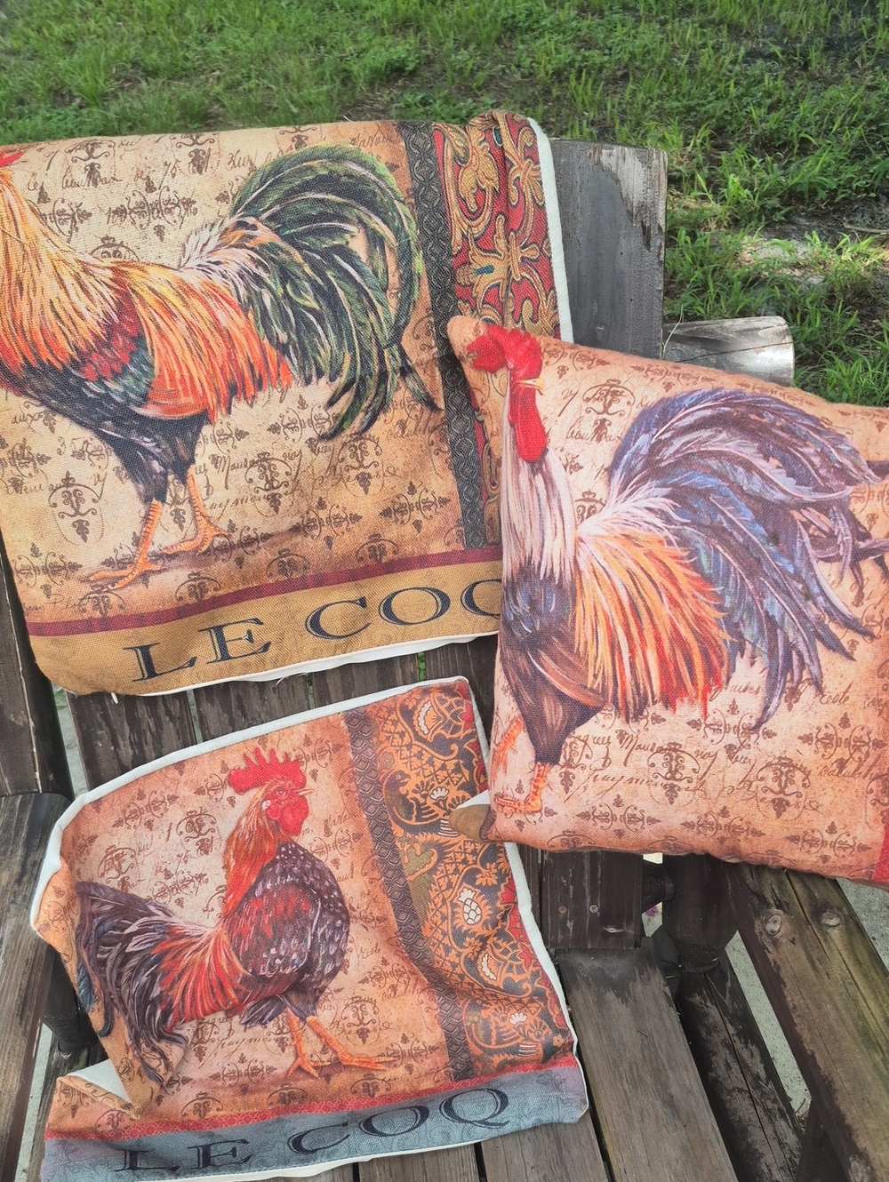 3 Rooster Crow Lecoq Throw Decorative Pillow Cases Only 16" X 16" Zip Closure